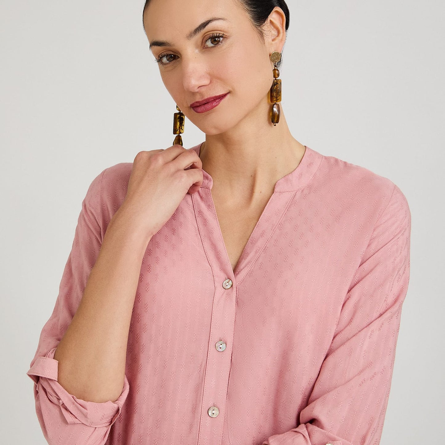 Blusa Escote Mao Manga Roll Up con Textura Rosado