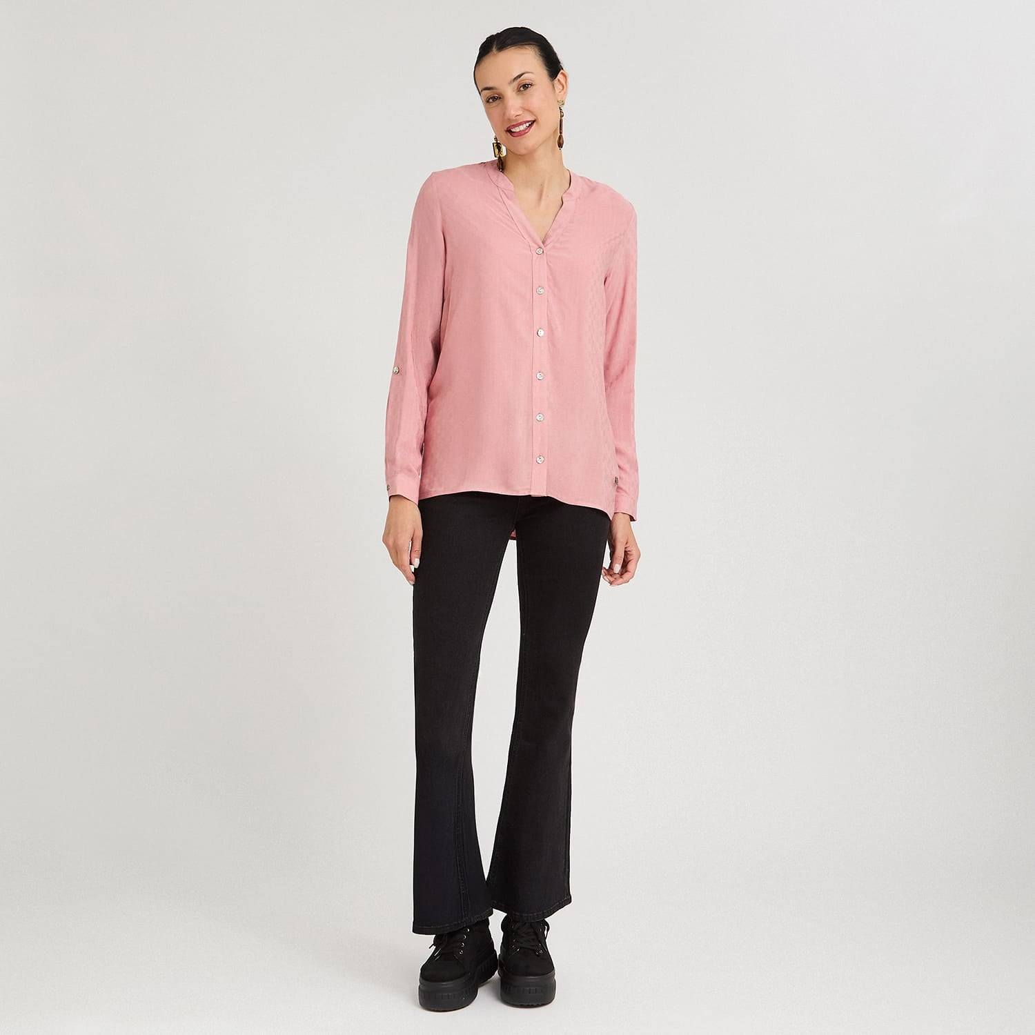 Blusa Escote Mao Manga Roll Up con Textura Rosado