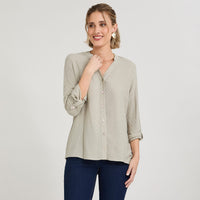 Blusa Escote Mao Manga Roll Up con Textura Verde