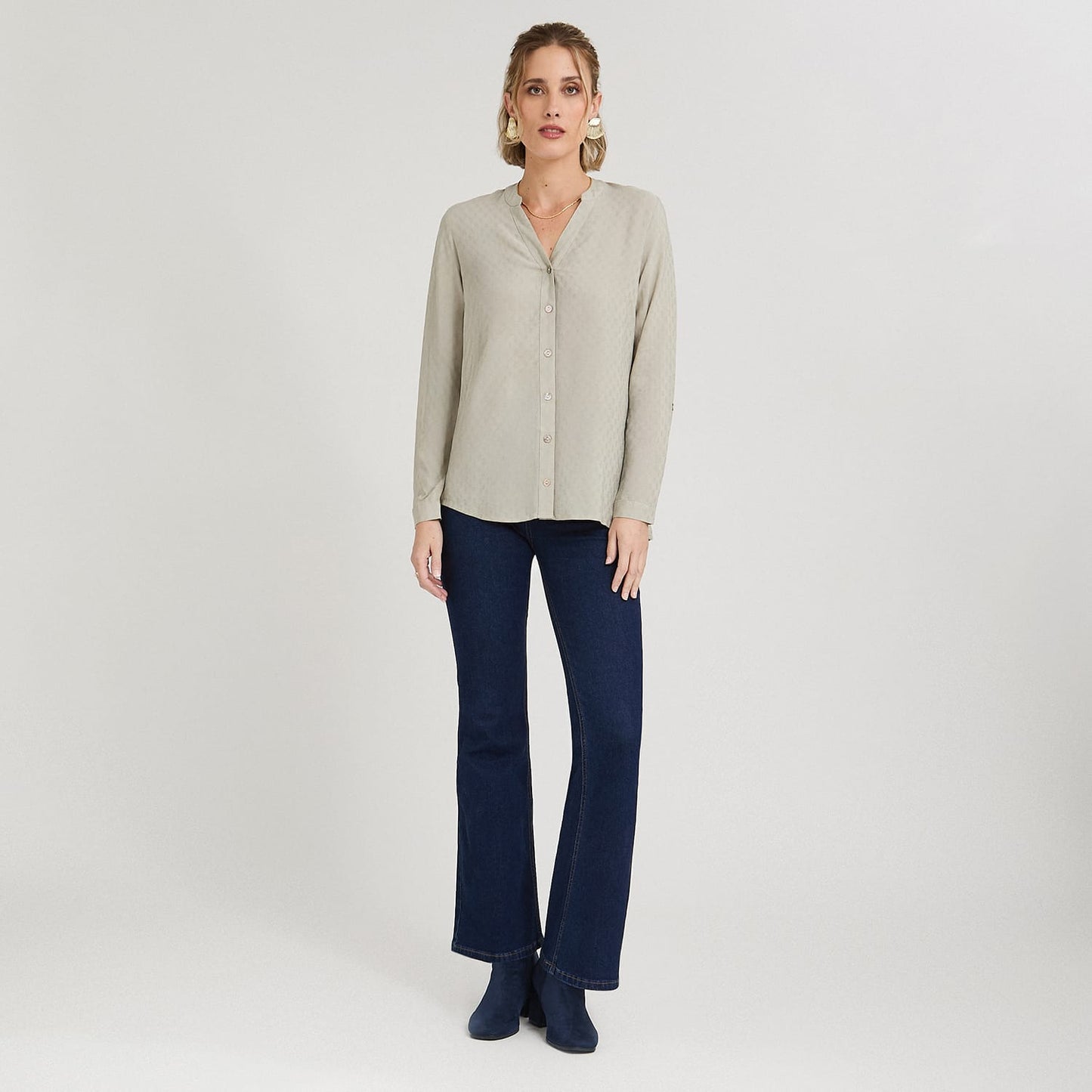 Blusa Escote Mao Manga Roll Up con Textura Verde