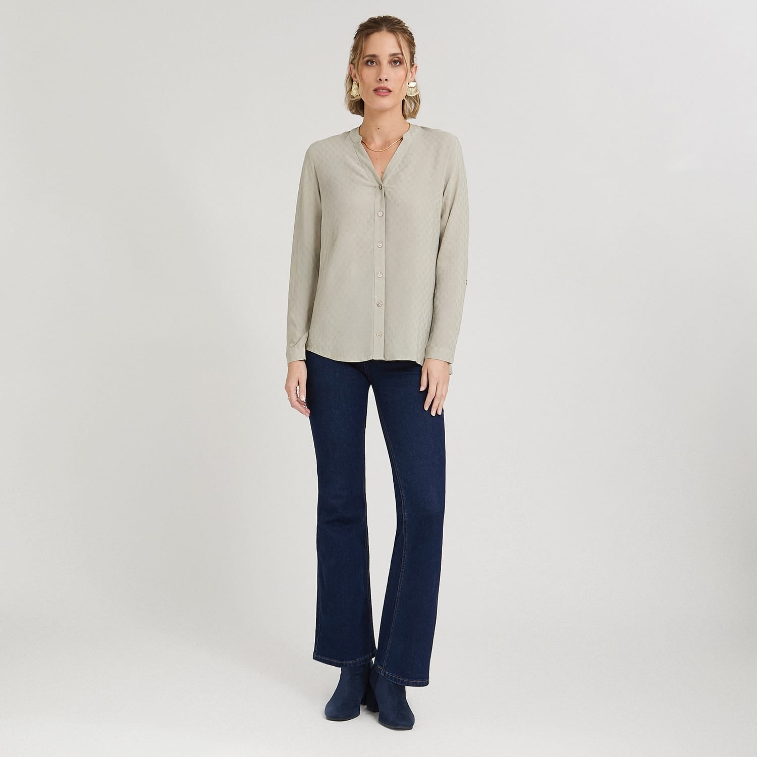 Blusa Escote Mao Manga Roll Up con Textura Verde