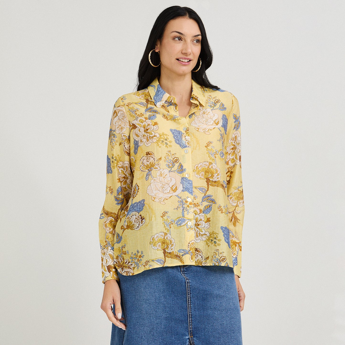 Blusa Manga Larga Estampada con Botones Mostaza