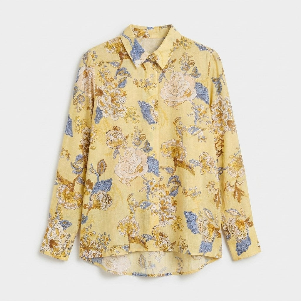 Blusa Manga Larga Estampada con Botones Mostaza en plano