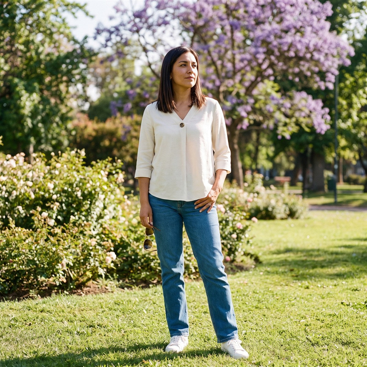 Blusa Manga 3/4 con Botón Crudo lifestyle