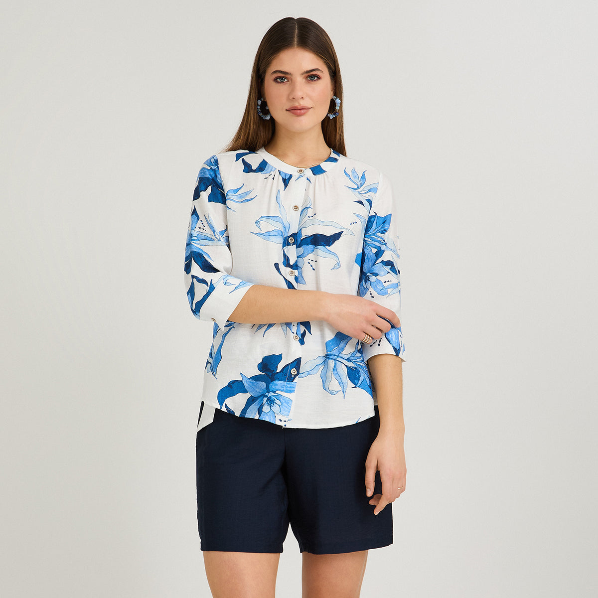 Blusa Escote Mao Manga 3/4 Estampada Azul