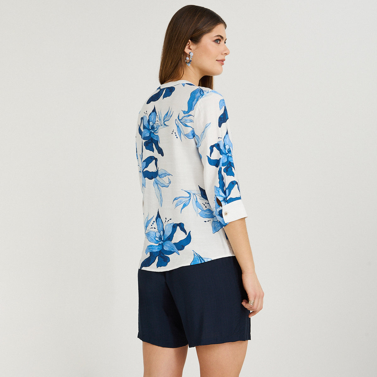 Blusa Escote Mao Manga 3/4 Estampada Azul