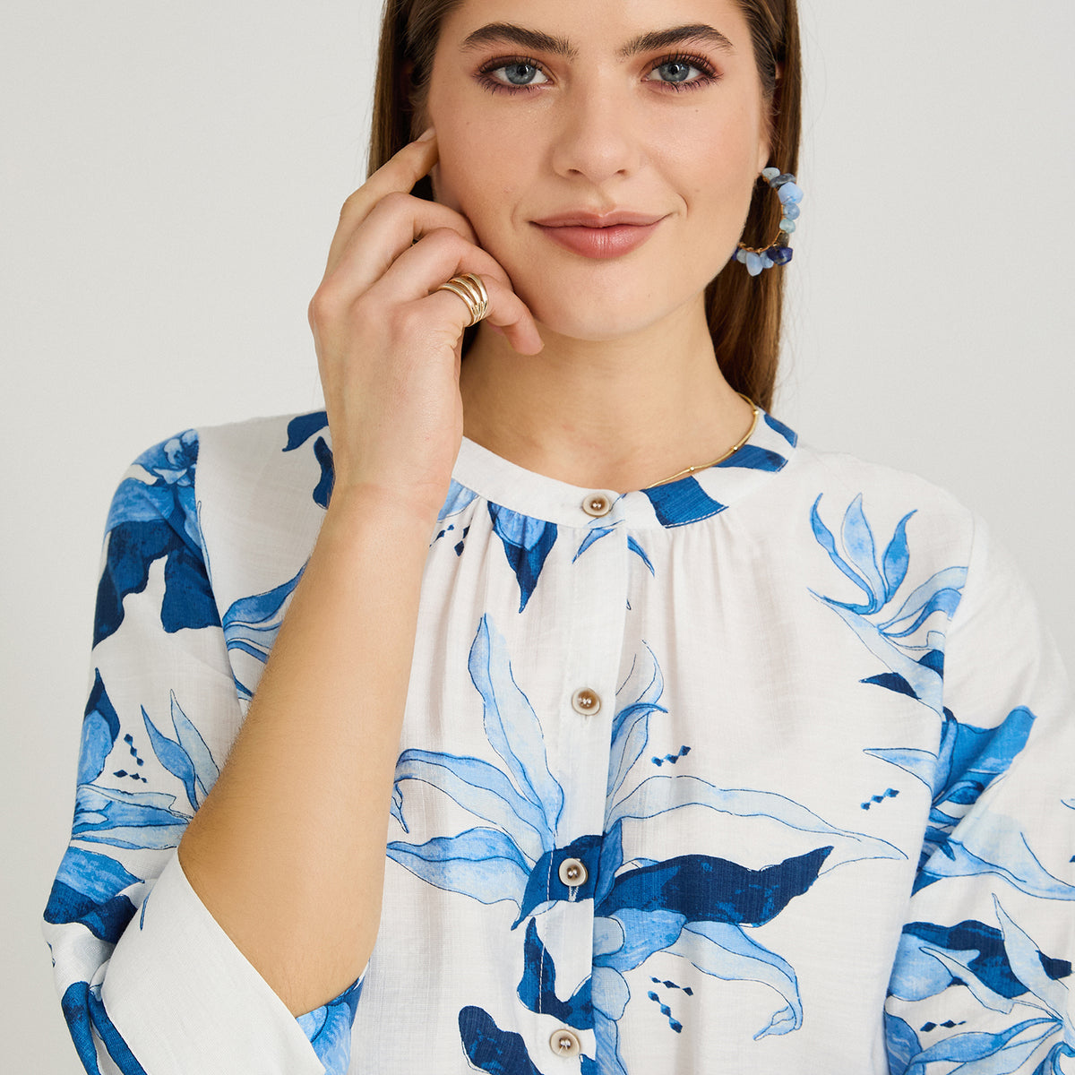 Blusa Escote Mao Manga 3/4 Estampada Azul