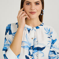 Blusa Escote Mao Manga 3/4 Estampada Azul