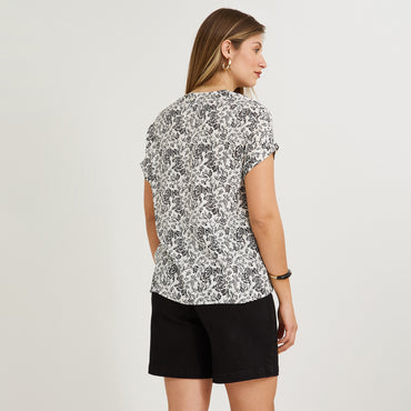 Blusa Manga Corta Estampada con Lurex Crudo