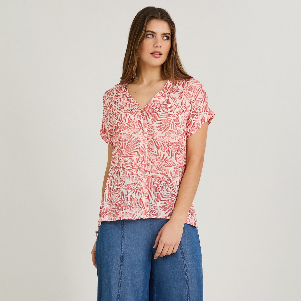 Blusa Manga Corta Estampada con Lurex Rosado
