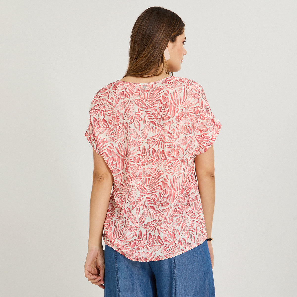 Blusa Manga Corta Estampada con Lurex Rosado