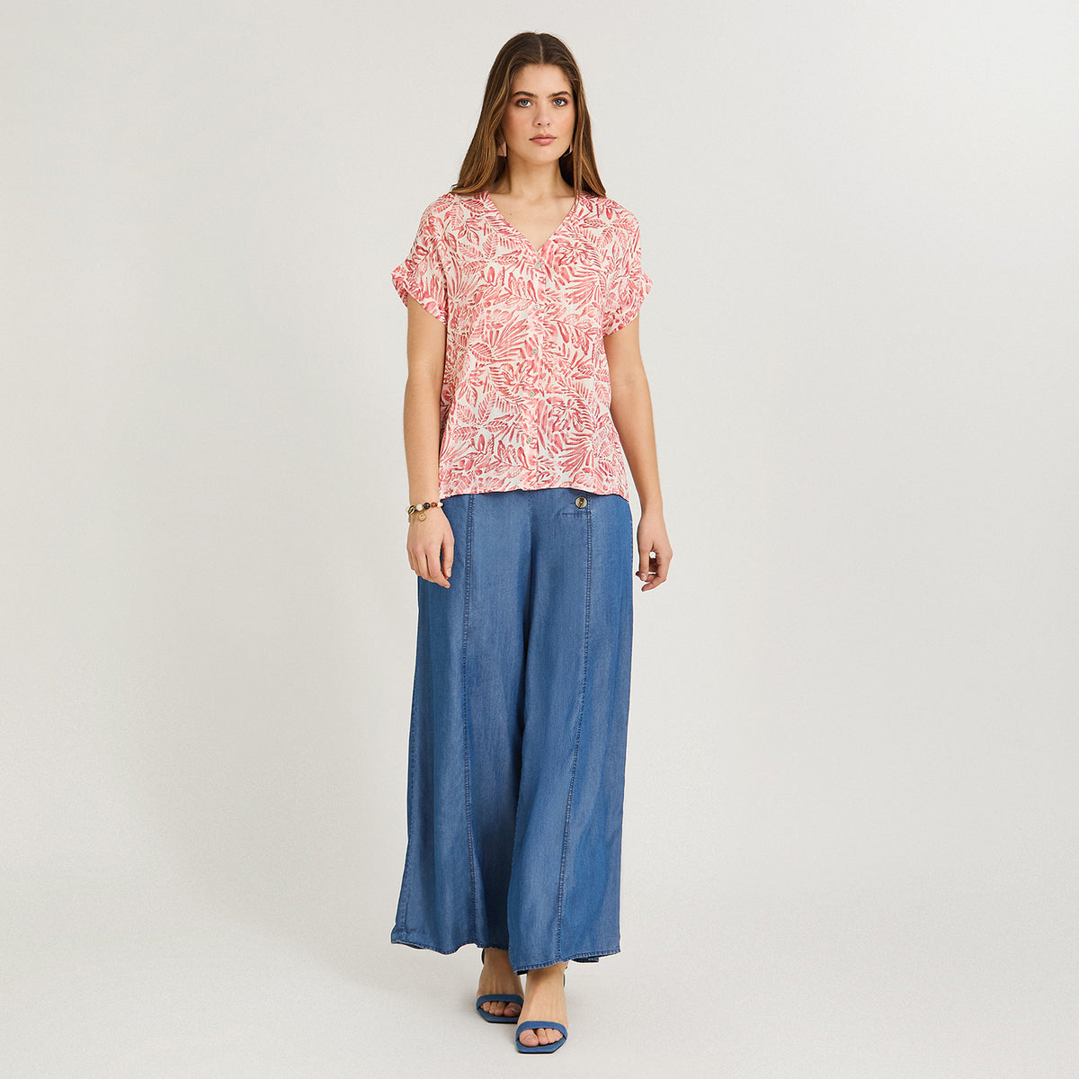Blusa Manga Corta Estampada con Lurex Rosado