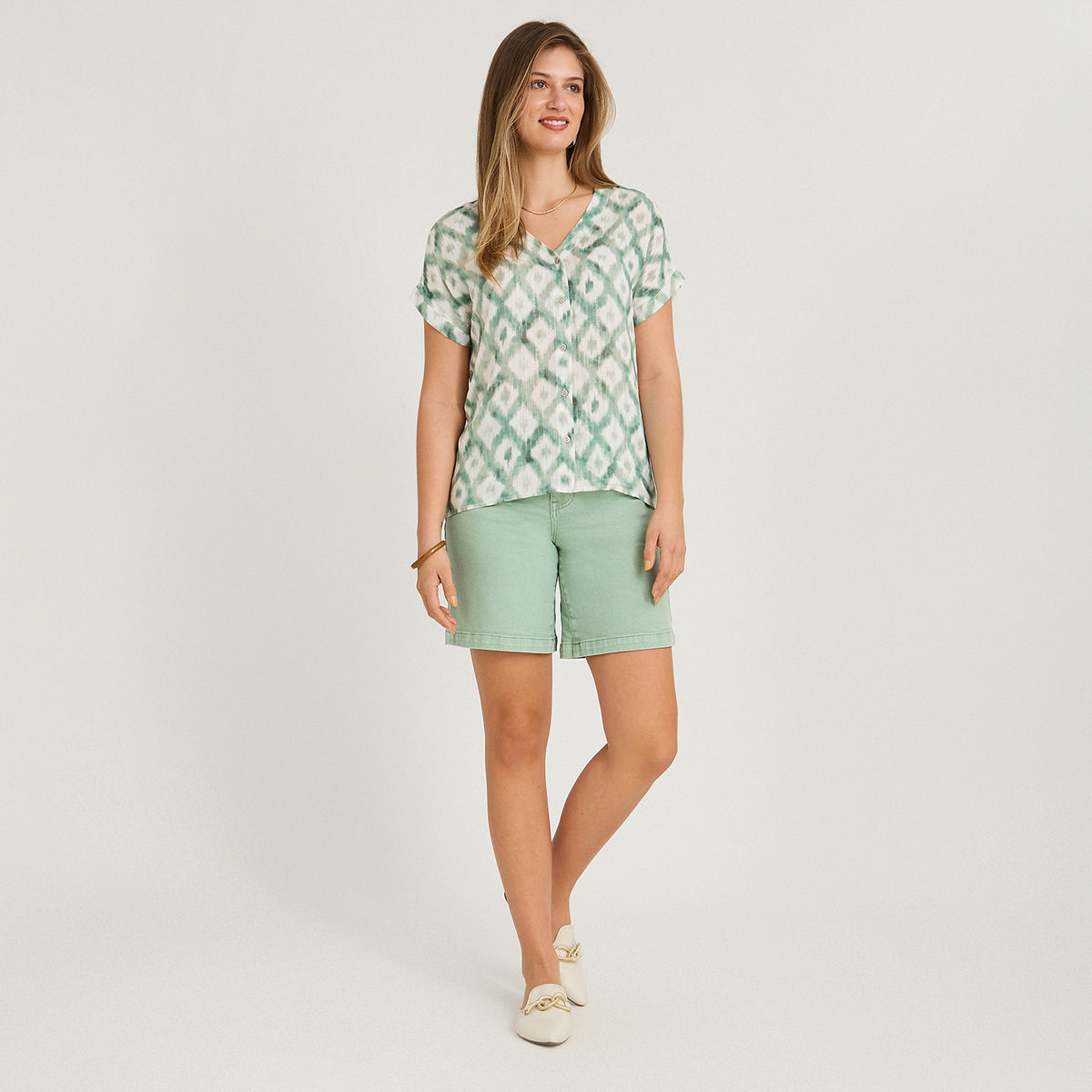 Blusa Manga Corta Estampada con Lurex Verde