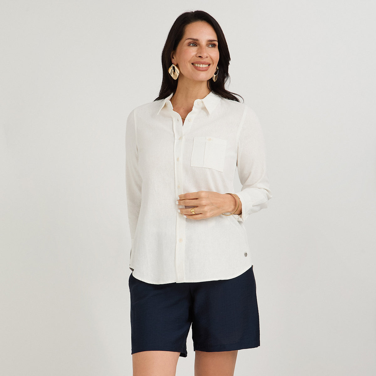 Blusa de Lino Manga Larga Abotonada Blanco