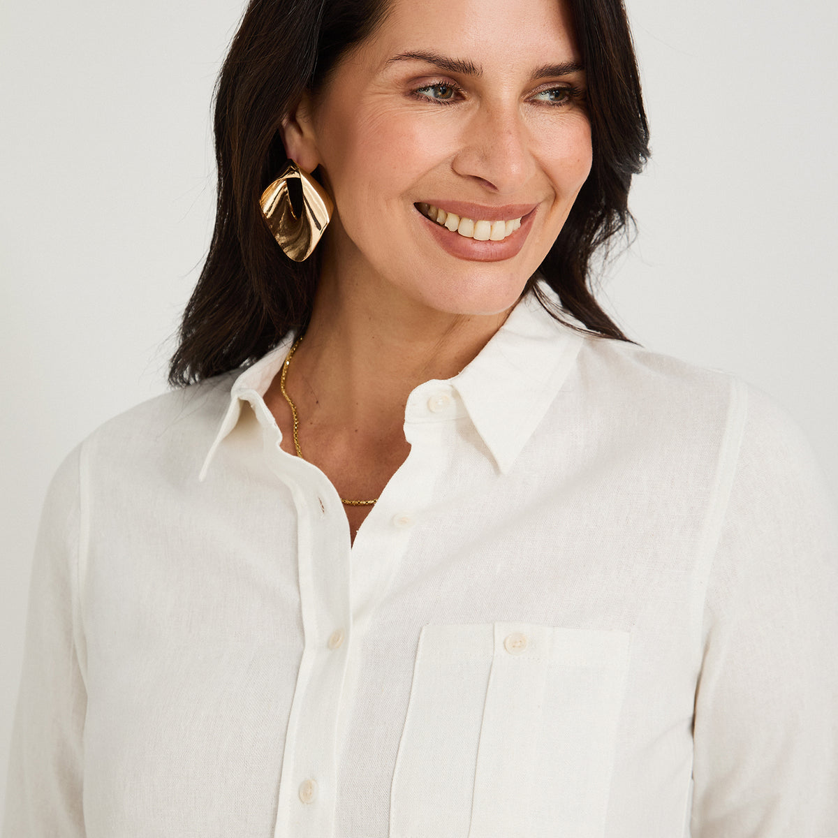 Blusa de Lino Manga Larga Abotonada Blanco