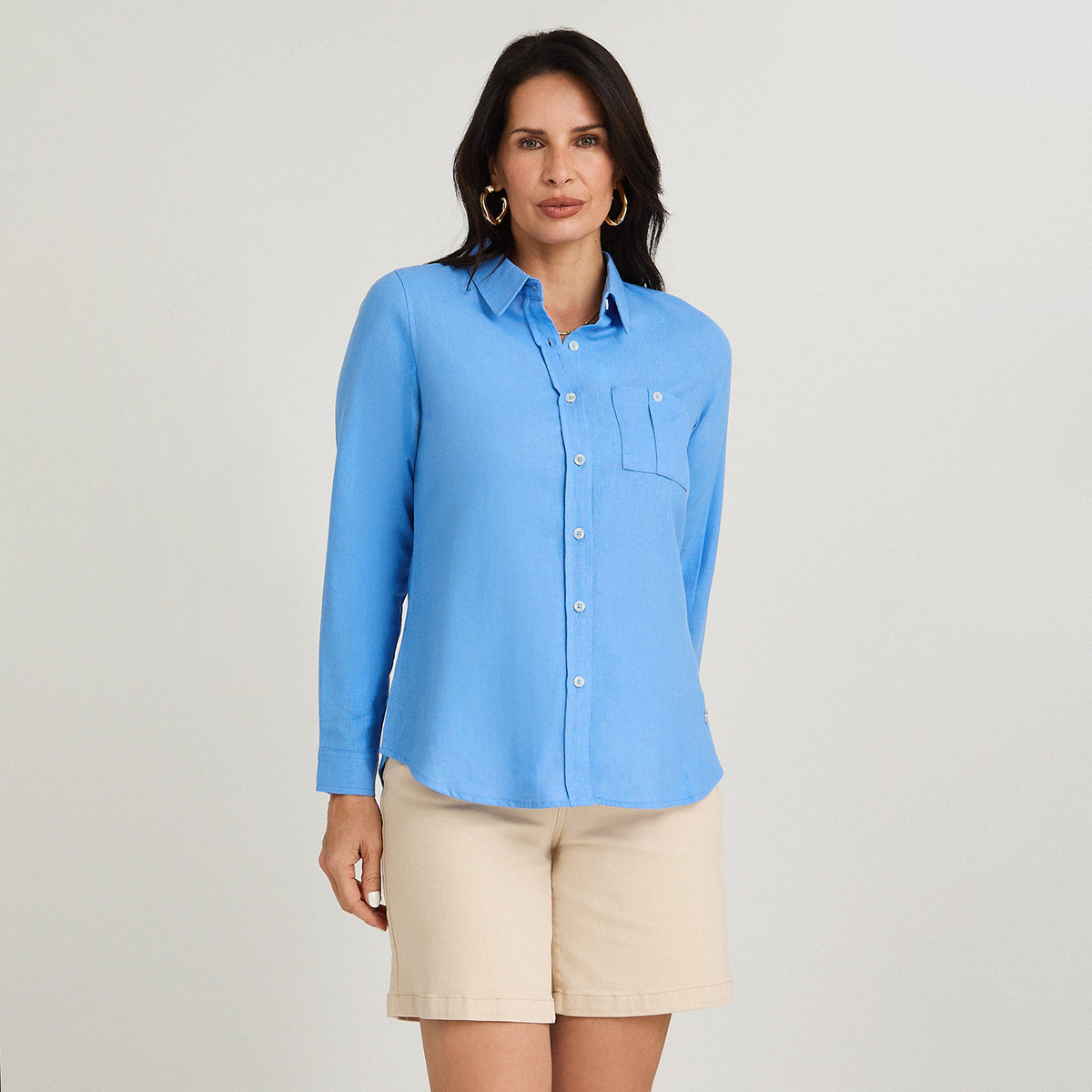 Blusa de Lino Manga Larga Abotonada Celeste