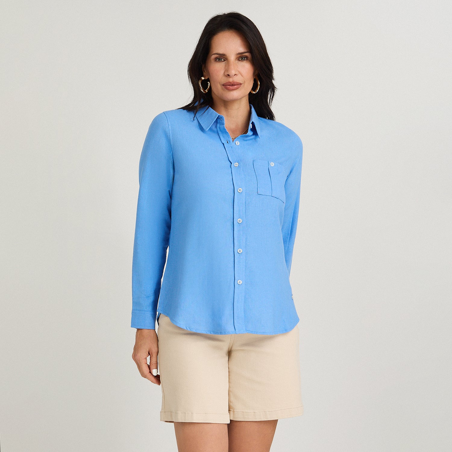 Blusa de Lino Manga Larga Abotonada Celeste