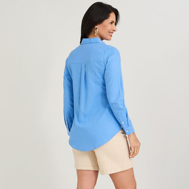 Blusa de Lino Manga Larga Abotonada Celeste