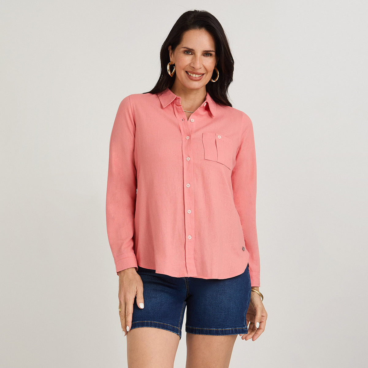 Blusa de Lino Manga Larga Abotonada Rosado