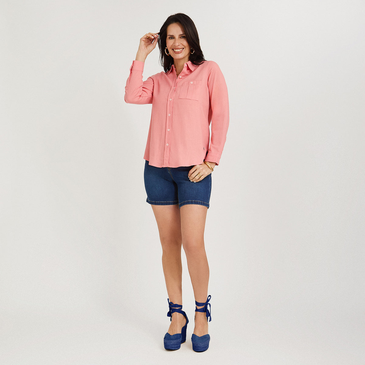 Blusa de Lino Manga Larga Abotonada Rosado