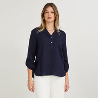 Blusa Lino Manga Roll Up Azul