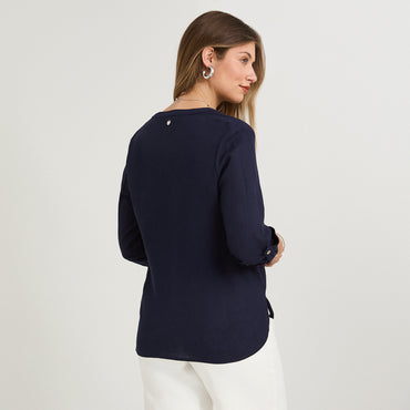 Blusa Lino Manga Roll Up Azul