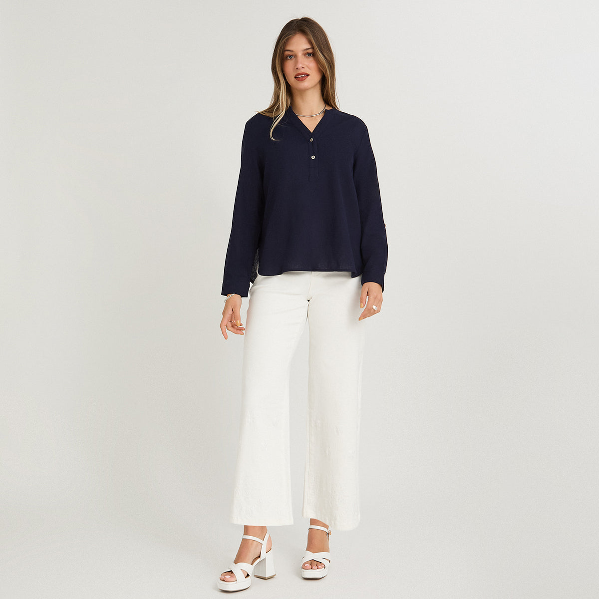 Blusa Lino Manga Roll Up Azul