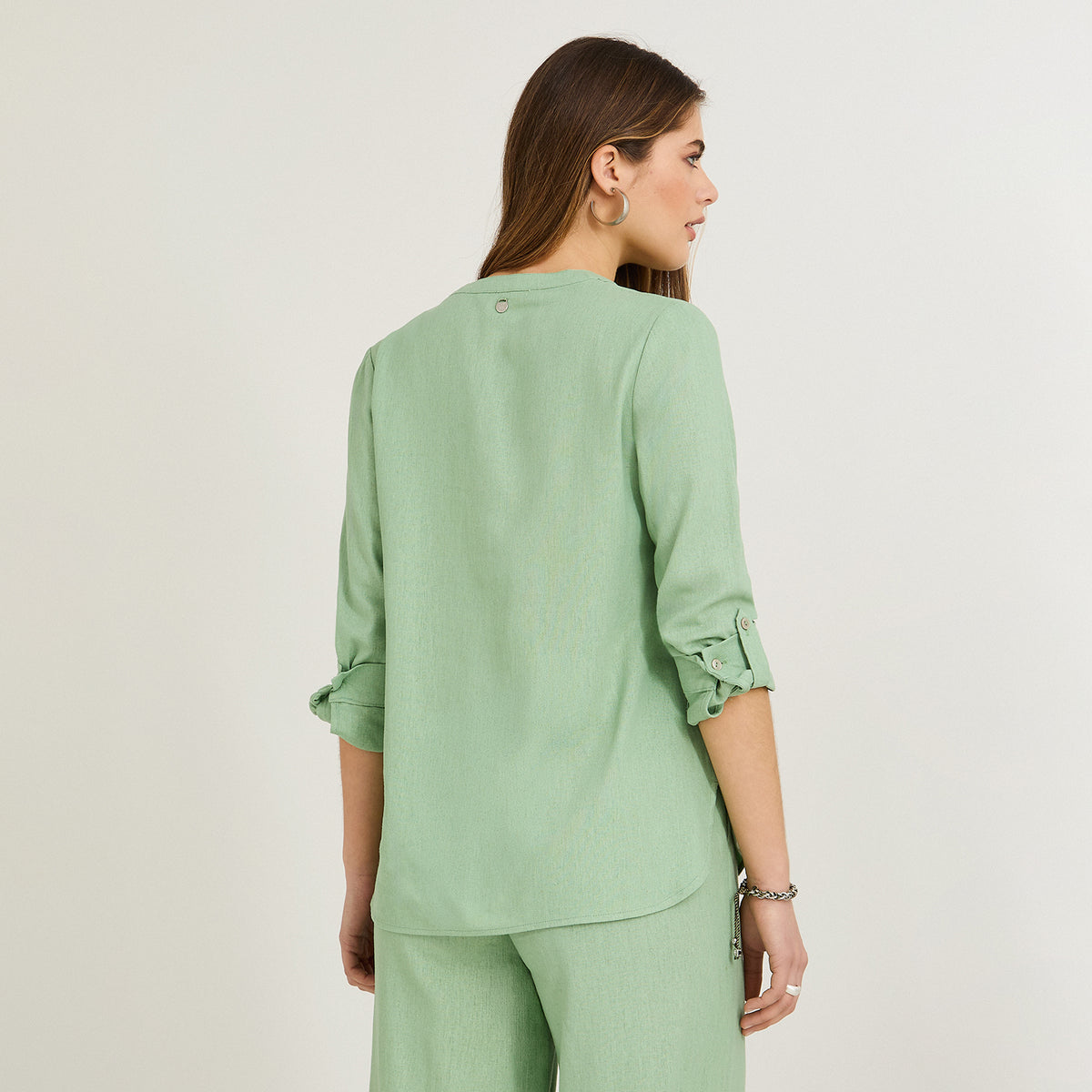 Blusa Lino Manga Roll Up Verde