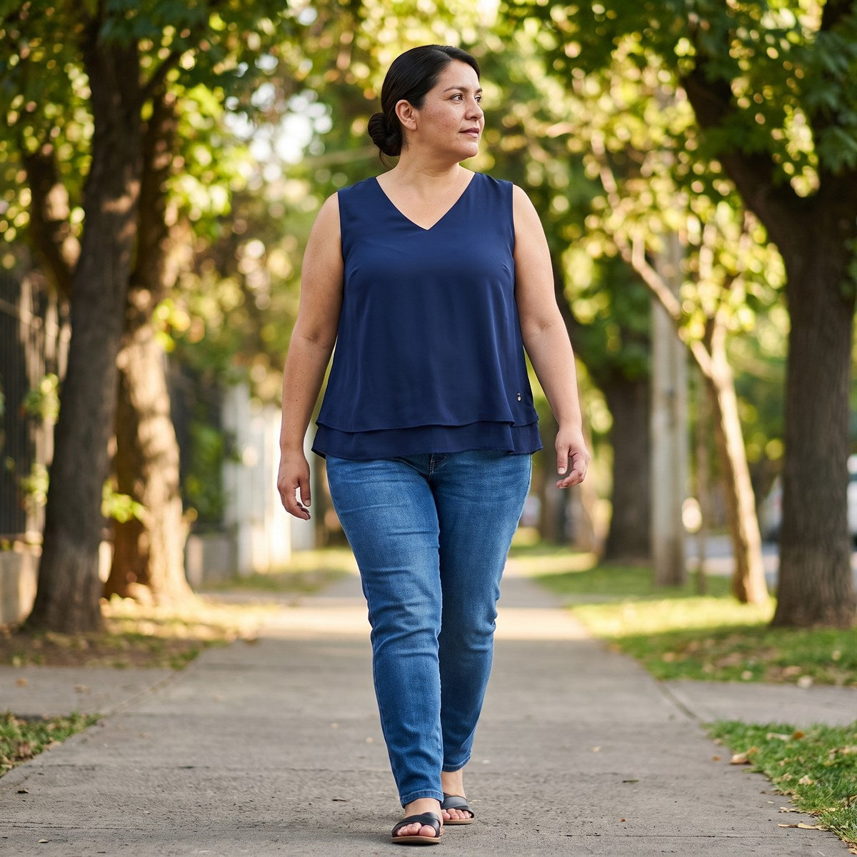 Blusa Azul Escote V con Doble Capa lifestyle