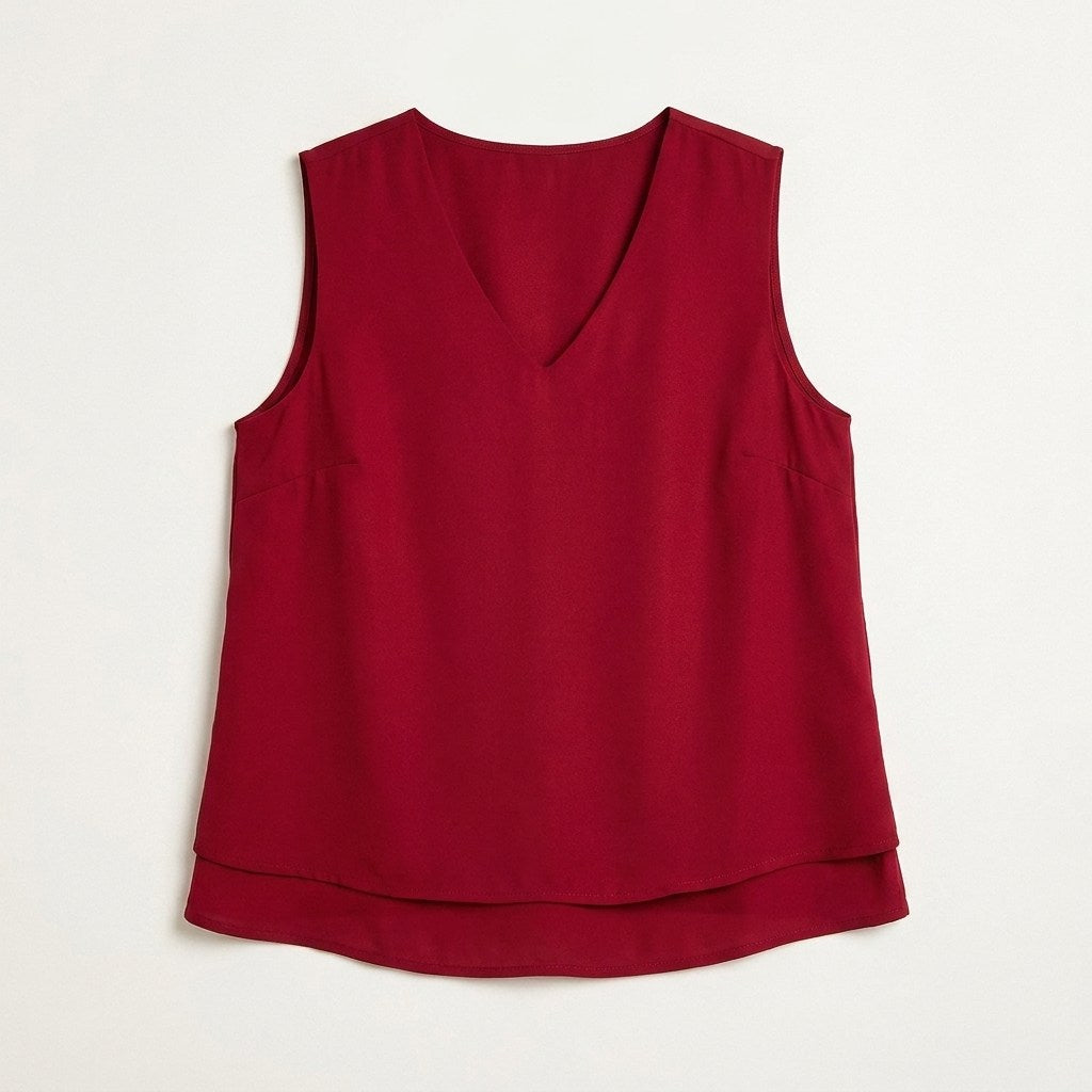 Blusa Sin Mangas Rojo oscuro con Doble Capa y Escote V en plano