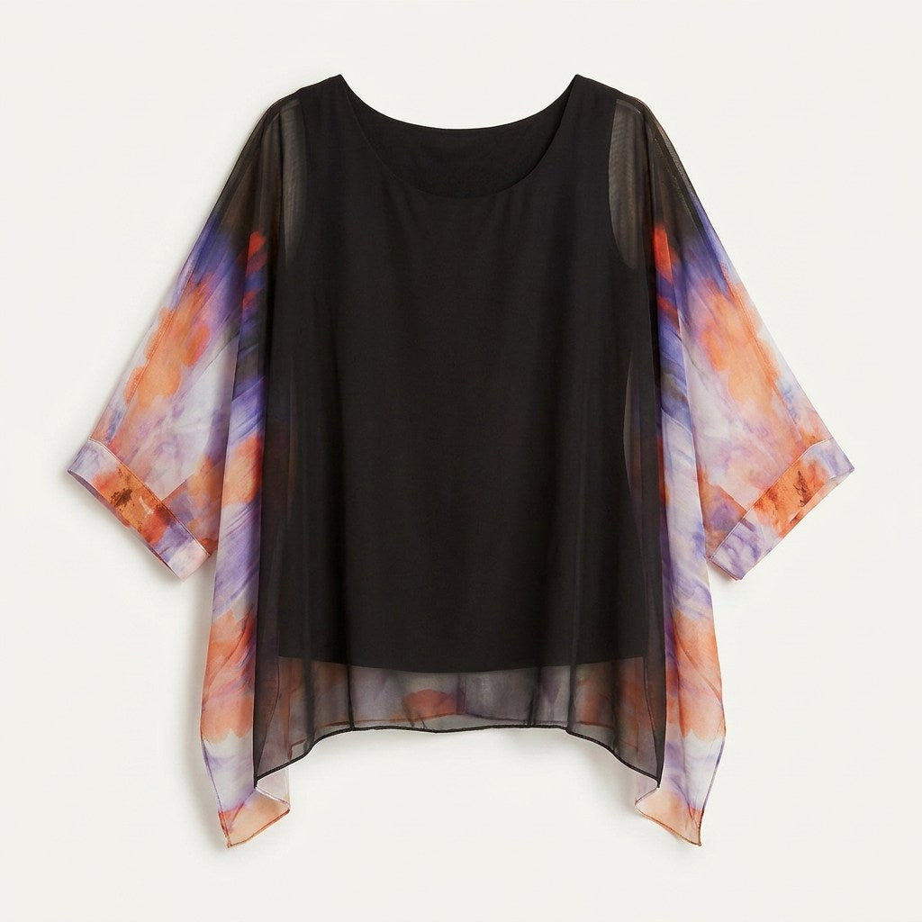 Túnica Negro Manga Corta Estampado Cuello Redondo en plano
