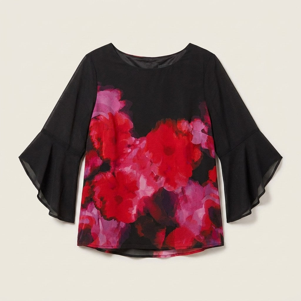 Túnica Floral en Contraste Negro en plano