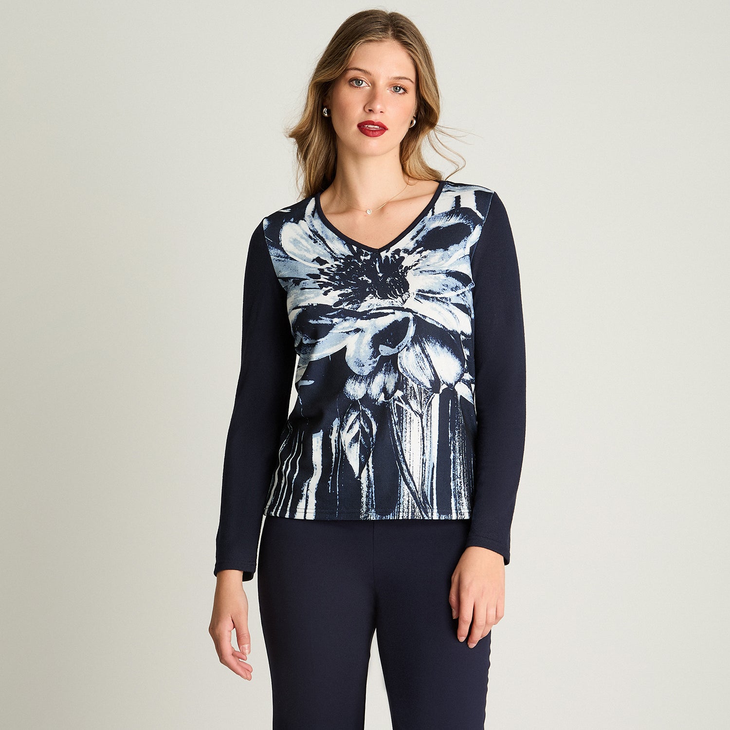 Polera Tejida Escote V Estampada Azul Lorenzo Di Pontti