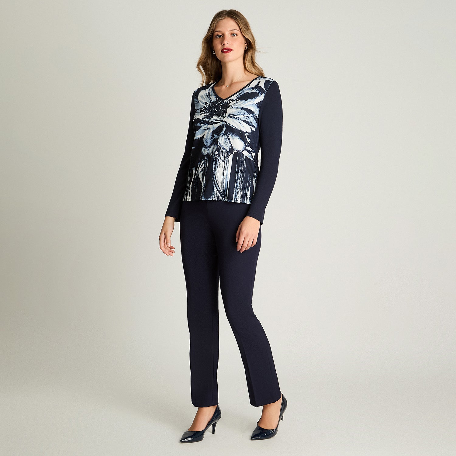 Polera Tejida Escote V Estampada Azul Lorenzo Di Pontti