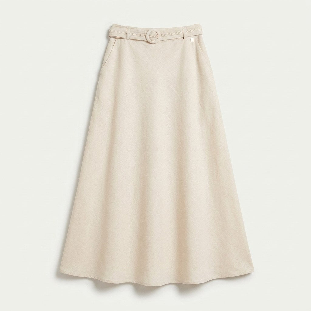 Falda Midi Lino Arena Con Cinturón y Bolsillos en plano