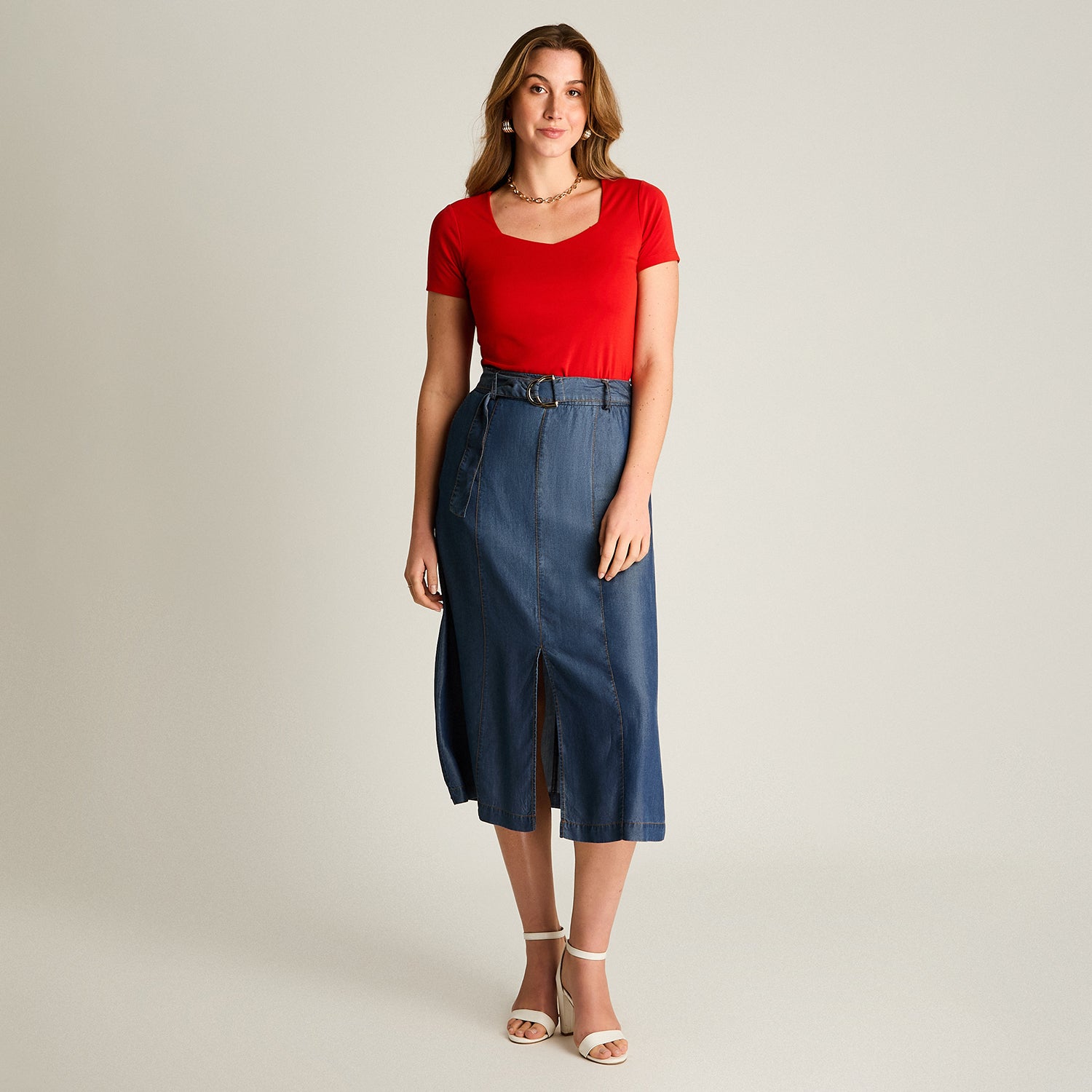 Falda Azul Maxi con Pinzas y Cinturón