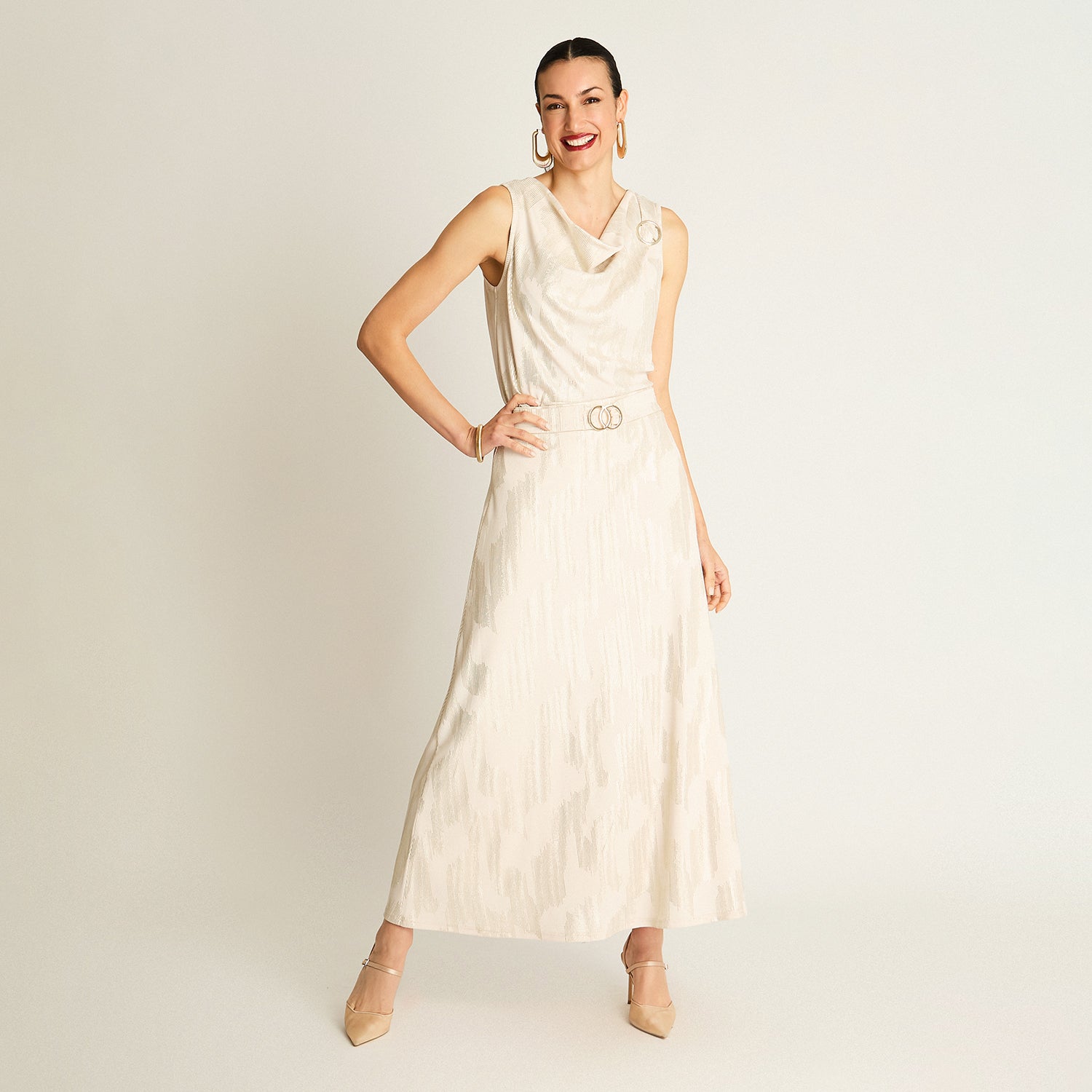 Falda Maxi Beige Satinada con Cinturón