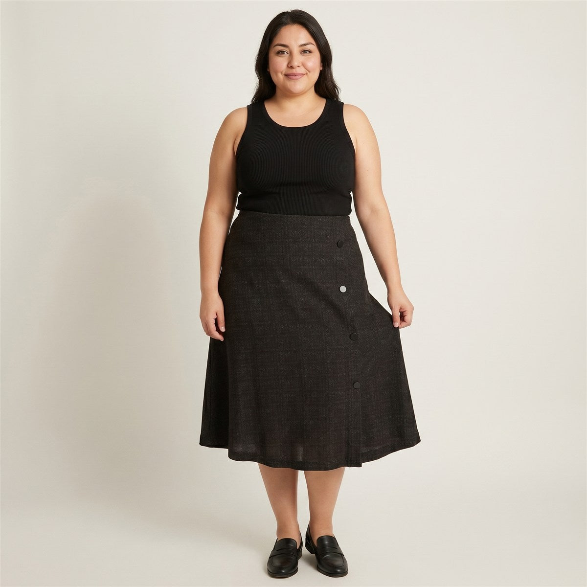 Falda Midi Marengo en Lanilla con Botones Decorativos en modelo plus size