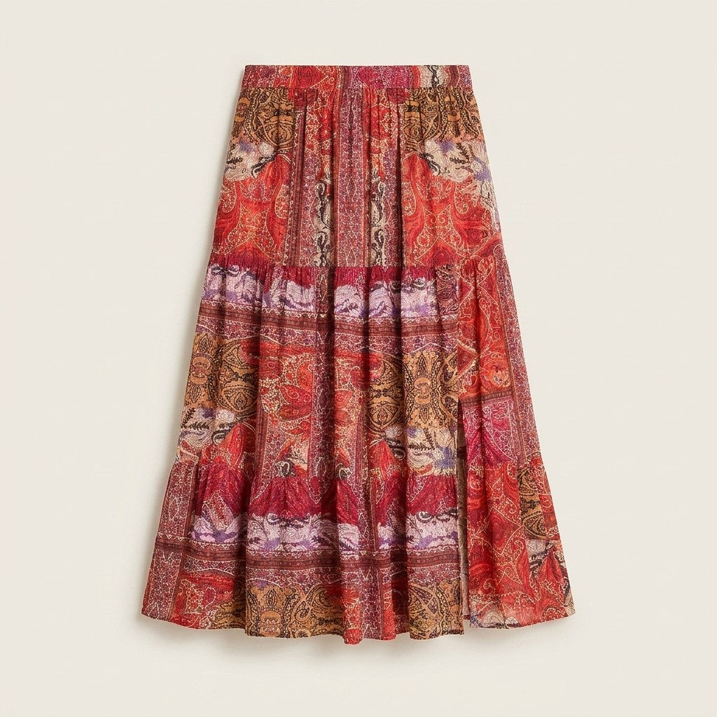 Falda Larga Estampada Terracota de Estilo Boho en plano