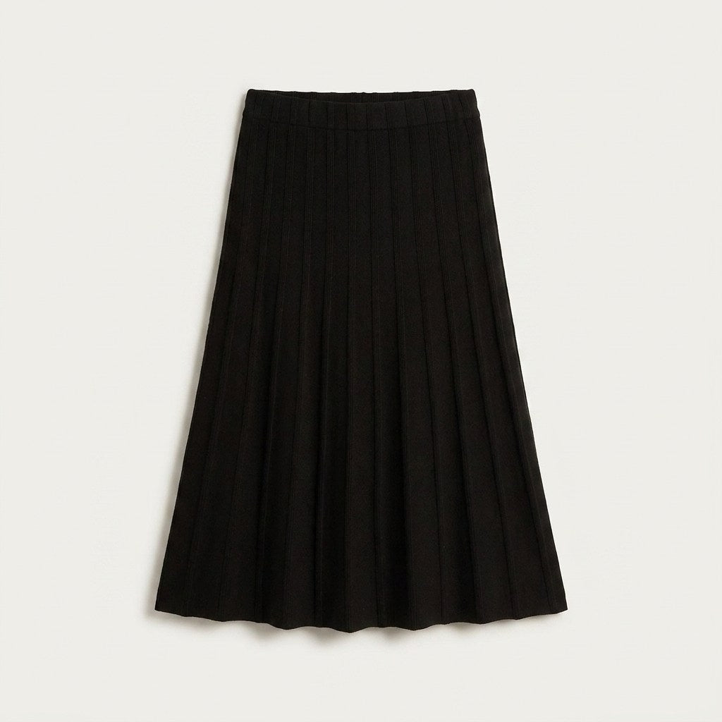 Falda Midi Negra con Pliegues en Tejido en plano