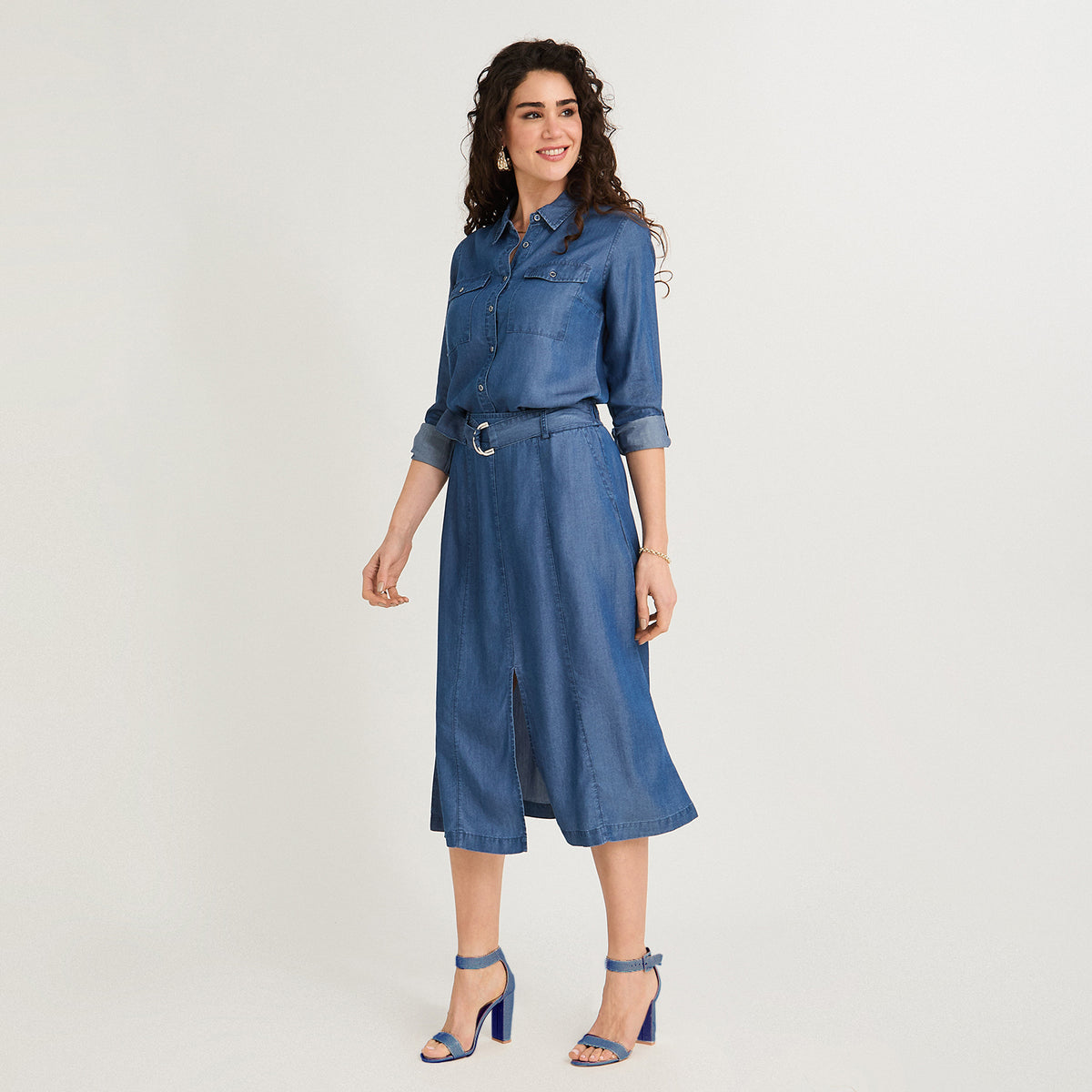 Falda Lyocell Hebilla Metálica Azul