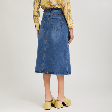 Falda de Denim con Cinturón y Corte Frontal Azul
