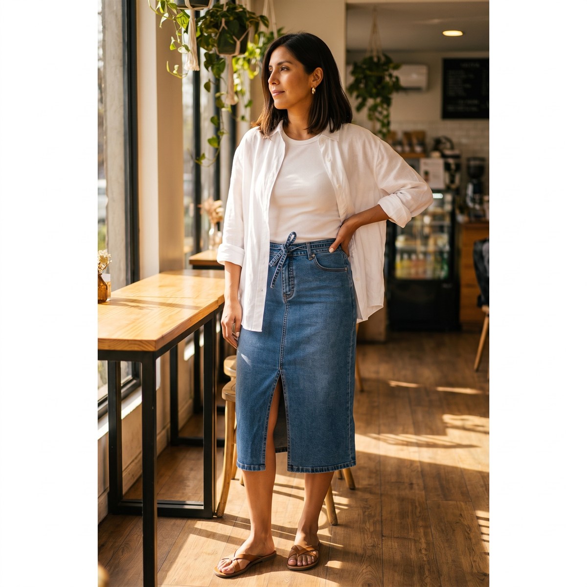 Falda de Denim con Cinturón y Corte Frontal Azul lifestyle