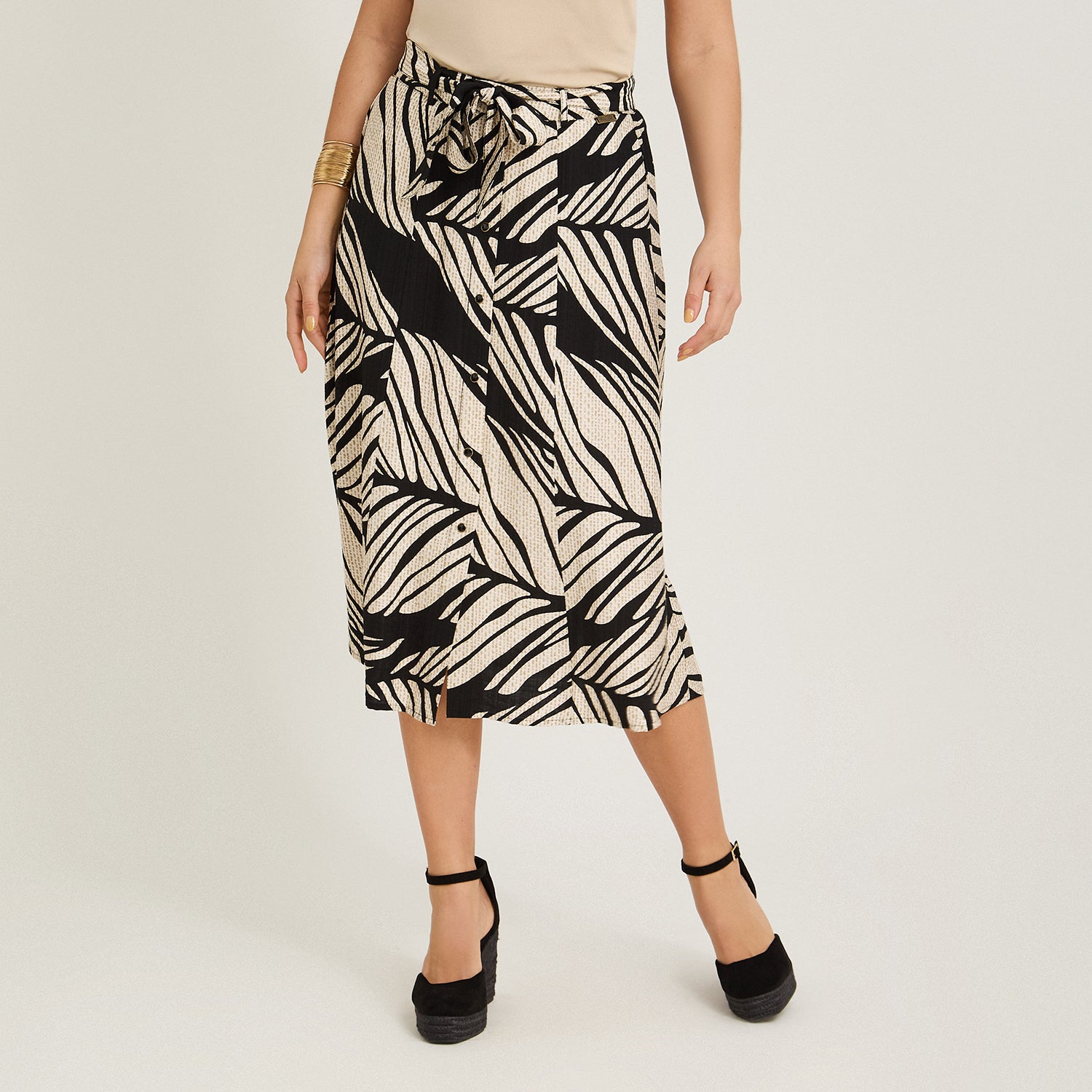 Falda Larga Look Lino con Botones Negro