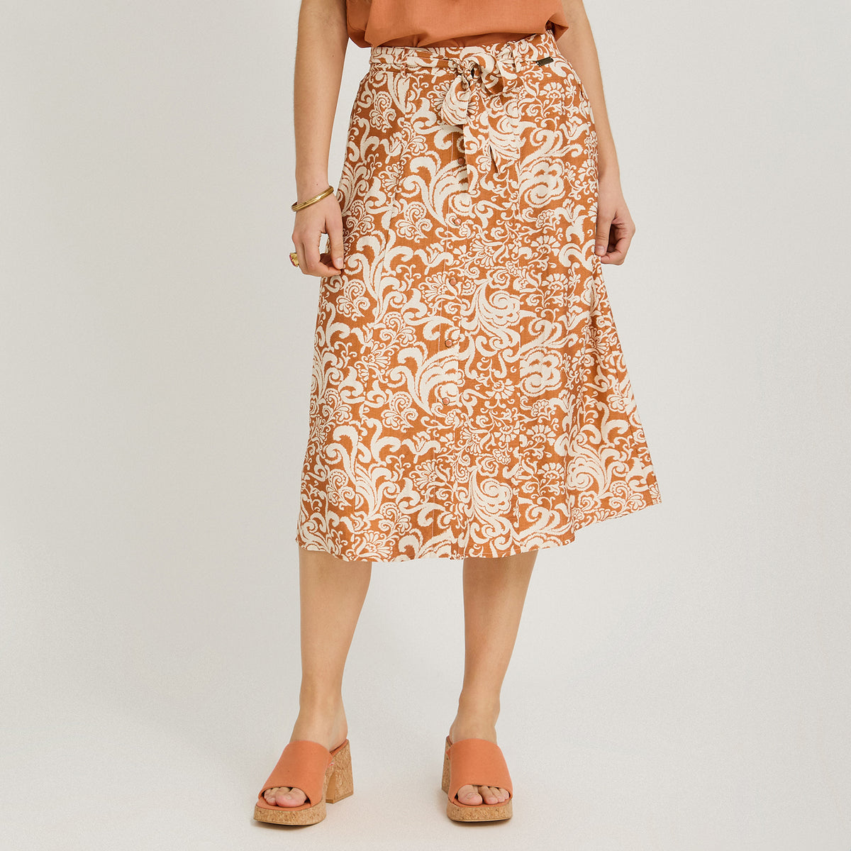 Falda Larga Look Lino con Botones Terracota