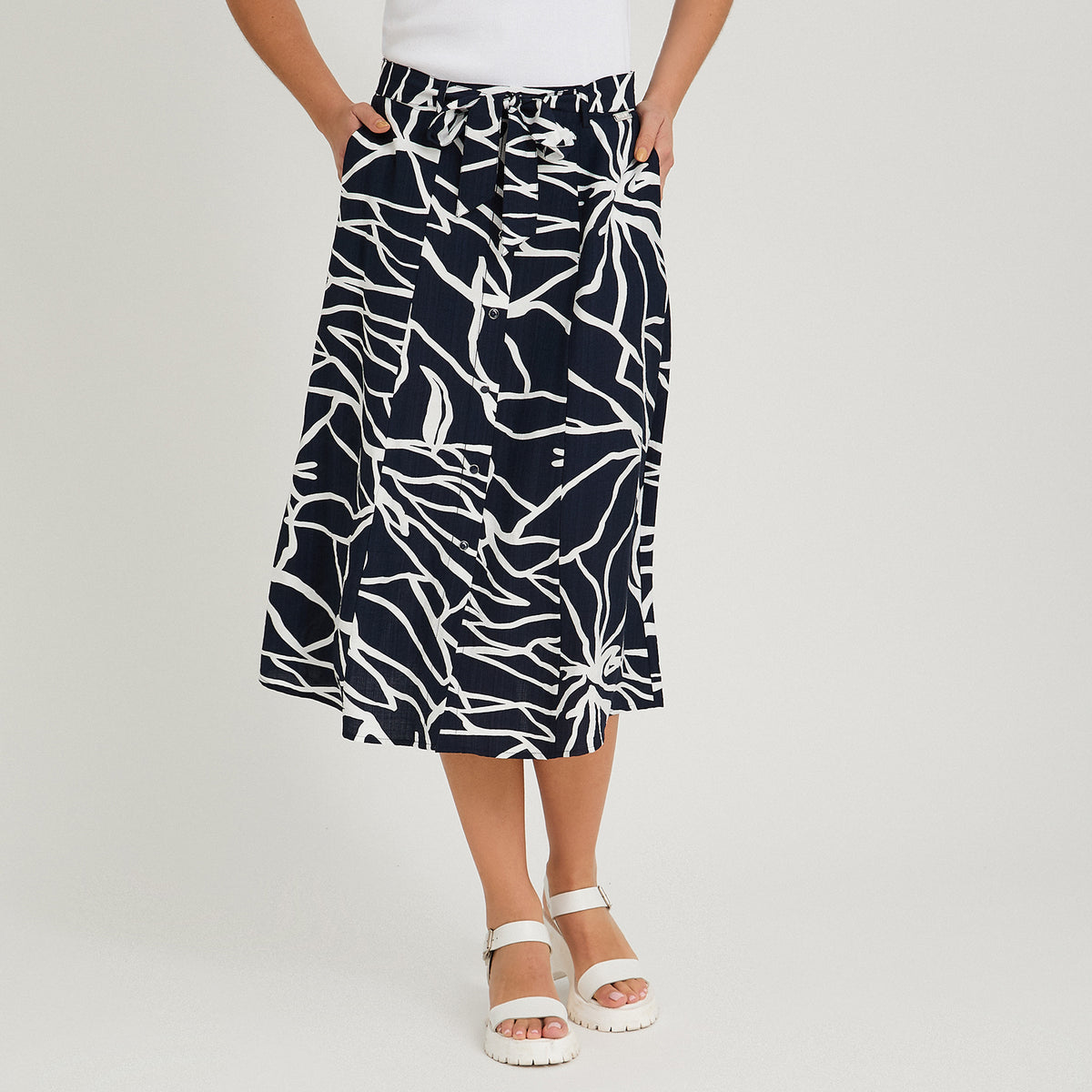 Falda Larga Look Lino con Botones Azul