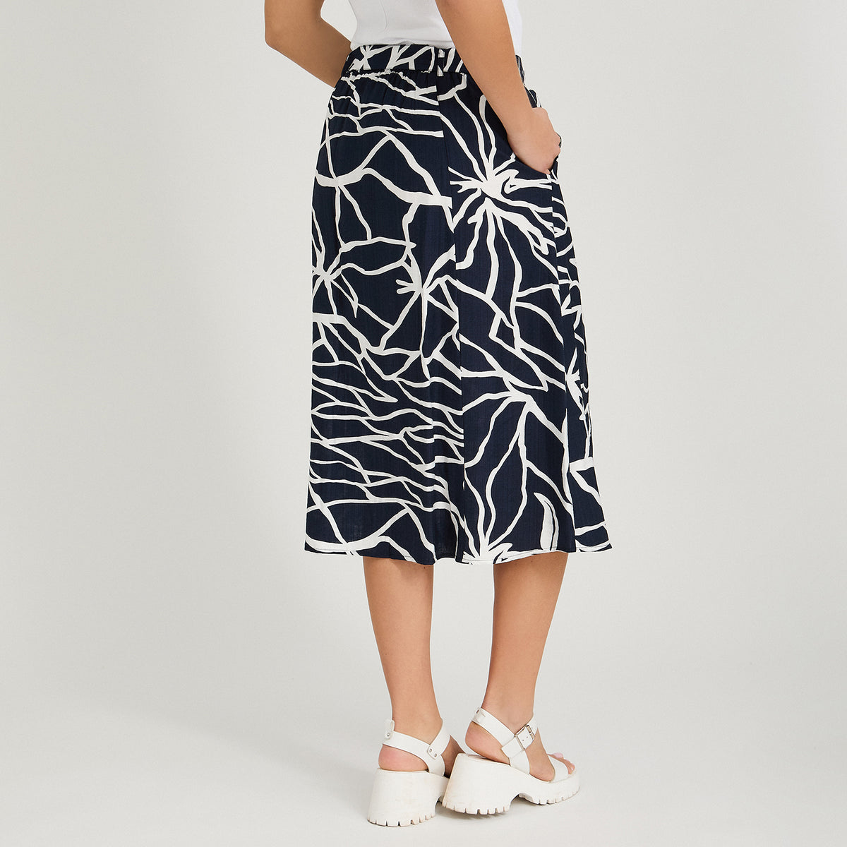 Falda Larga Look Lino con Botones Azul