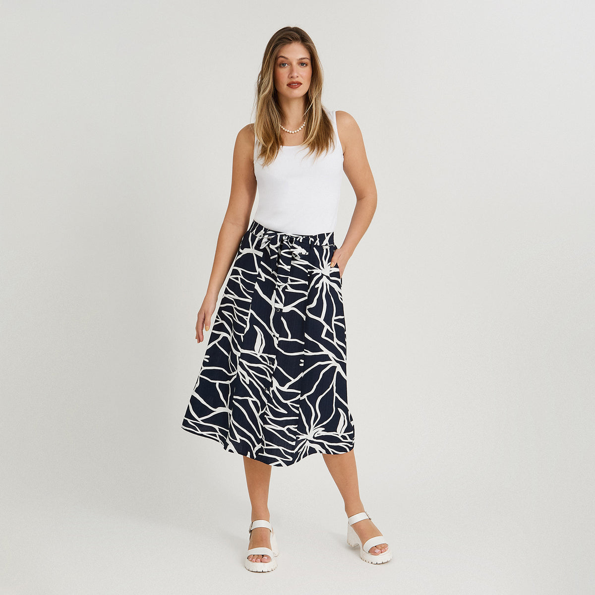 Falda Larga Look Lino con Botones Azul