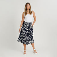 Falda Larga Look Lino con Botones Azul