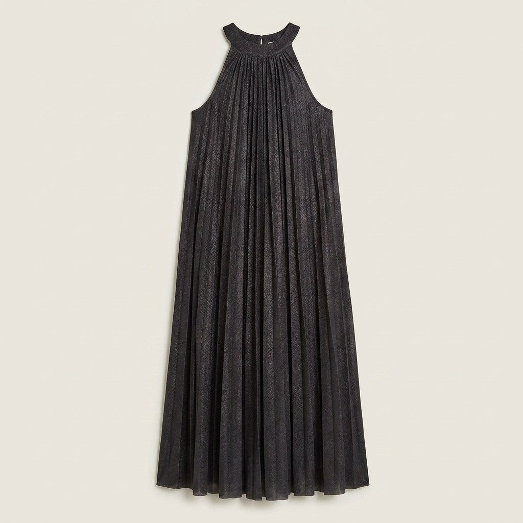 Vestido Largo Negro Sin Manga Plisado Cuello Redondo en plano